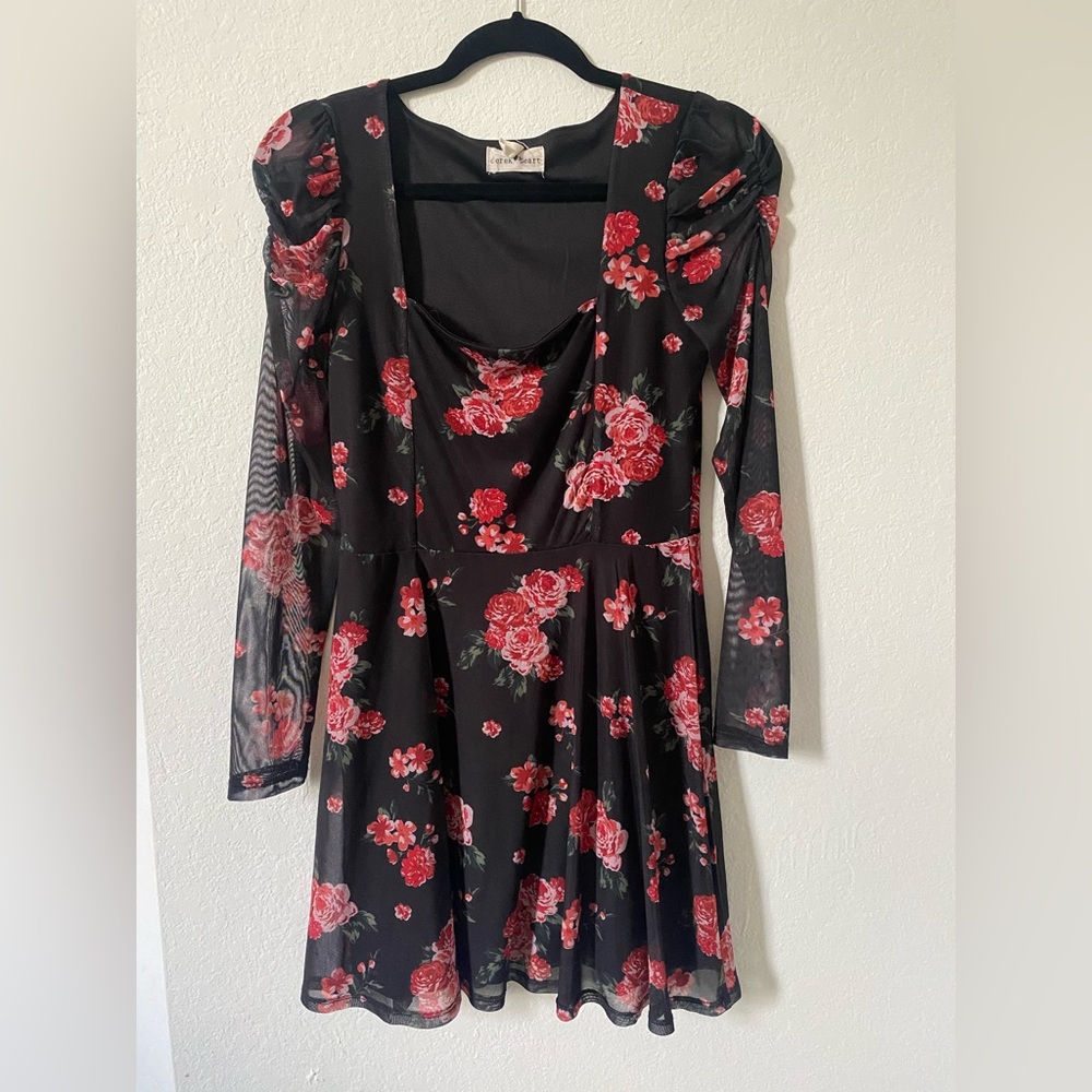 Mesh Long sleeve Mini Dress Black with Red Roses Used twice Excellent condition - Picture 1 of 4